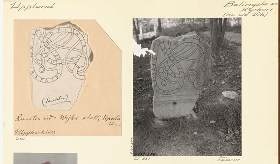 Gulnat papper med två bilder monterade:  en teckning och av runsten med runskrift och ett svartvitt fotografi av samma runsten.