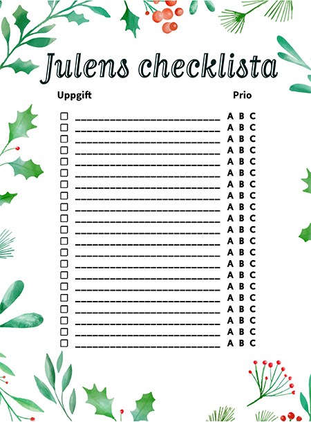 Ark med checklista bestående av ifyllbara rader och kolumn med A, B och C.