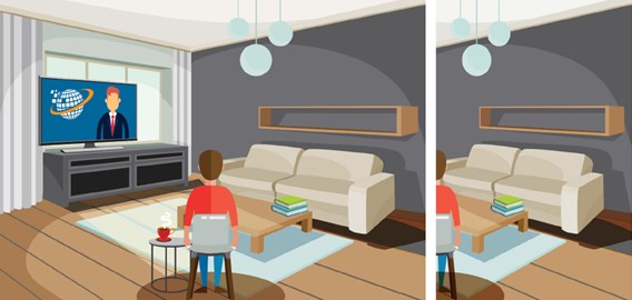 Illustrations showing normal visual attention indoors and left-sided visual inattention indoors