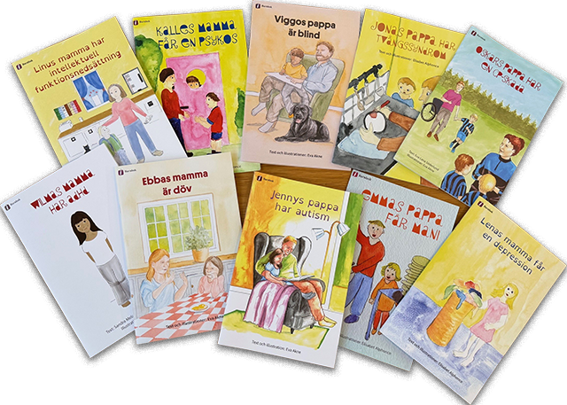 Ett antal bokomslag från infotekets barnböcker i Anhörigserien.