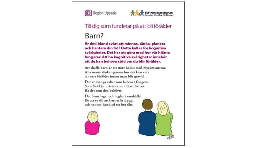 Folderframsida illustration av sittande föräldrar och barn.