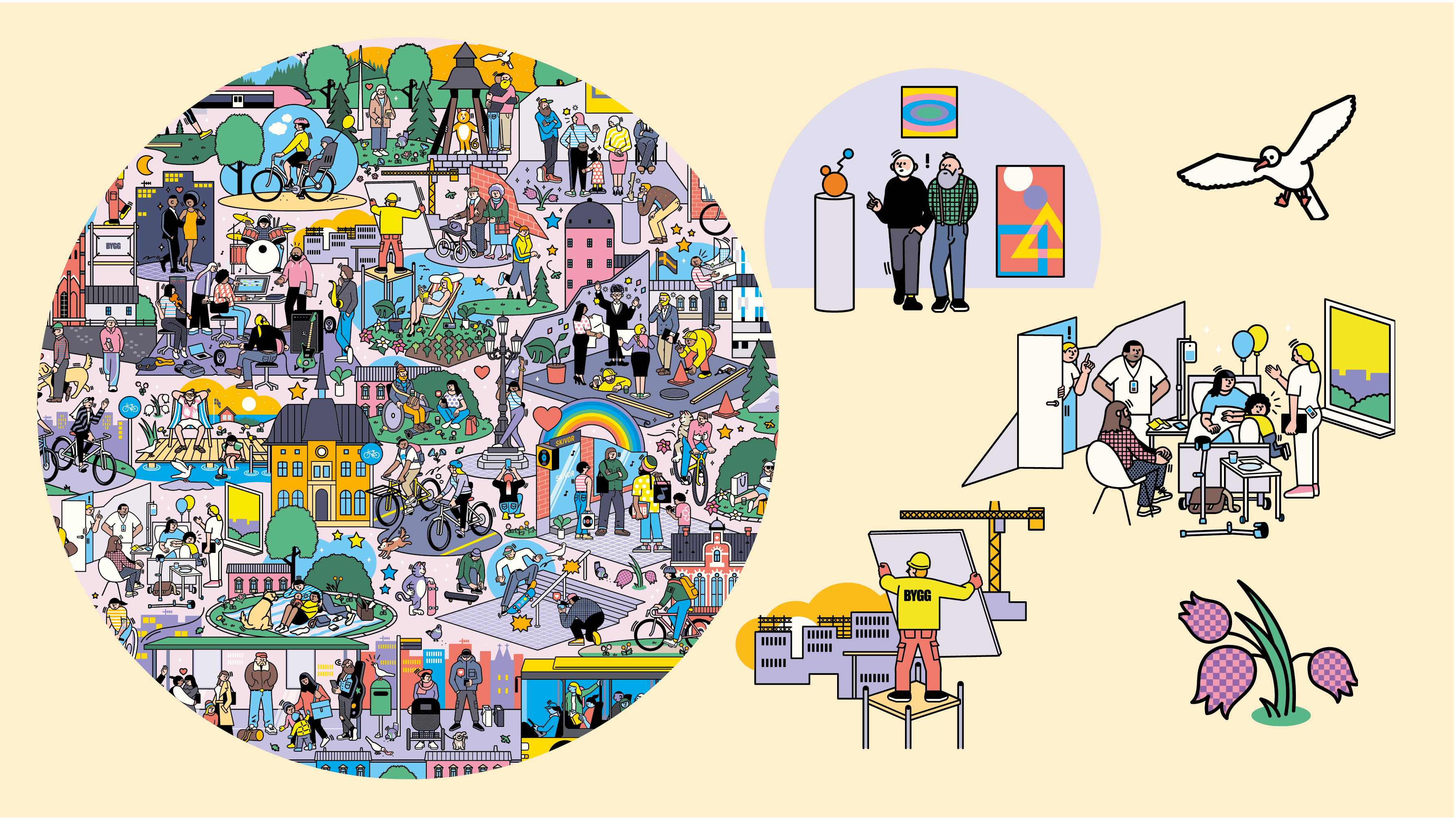 Kollage av illustrationer på en ljusgul bakgrund