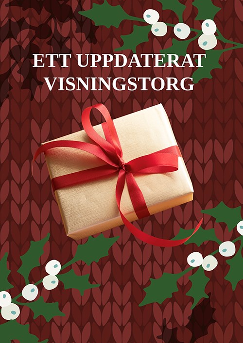 En juldekorerad bakgrund i r&ouml;da och bruna nyanser, i f&ouml;rgrunden ett julklappspaket med r&ouml;da sn&ouml;ren och rosett. Ovanf&ouml;r st&aring;r texten Ett uppdaterat visningstorg.