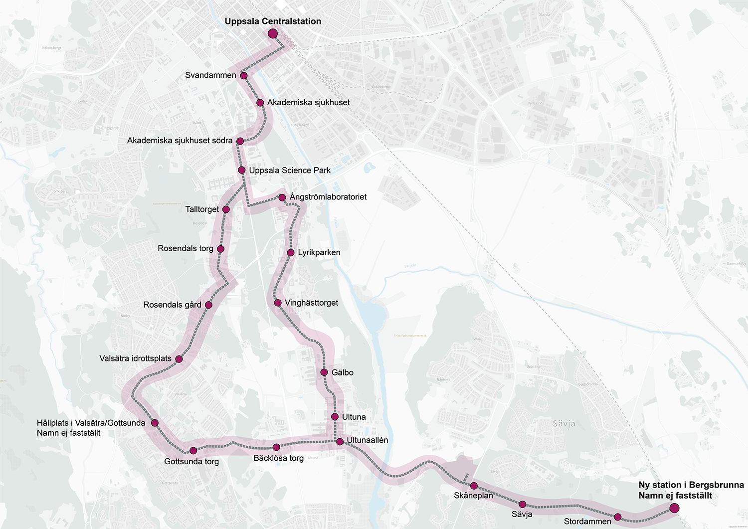 Hållplatskarta Uppsala spårväg