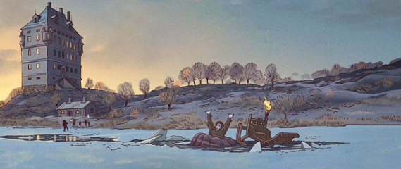 Illustration föreställande kvinna som tillsammans med en släde ramlat i en vak på isen. I bakgrunden syns Wiks slott och människor som långt borta kommer springande på isen.