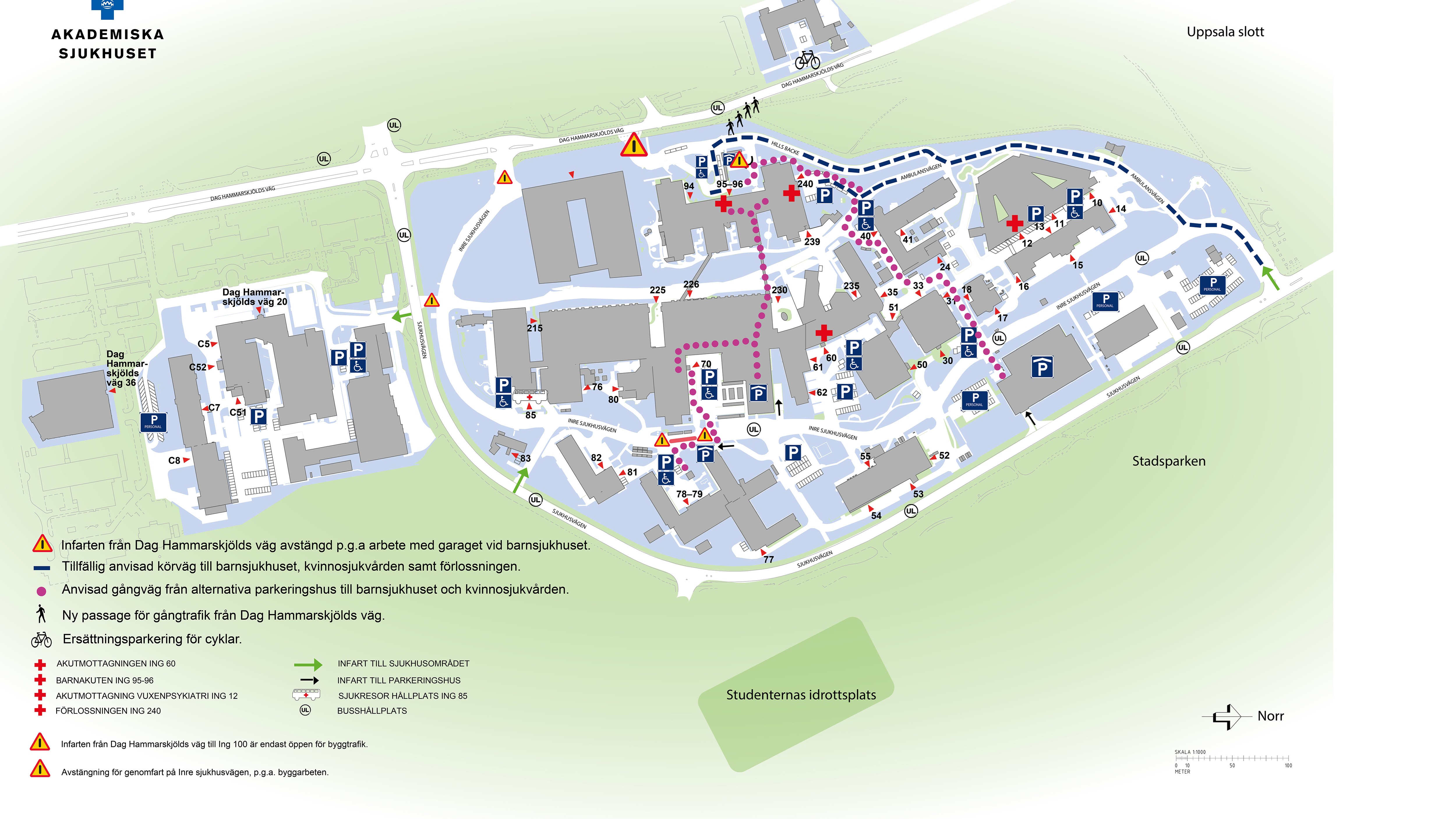 Karta över infarter och garage vid Akademiska sjukhuset