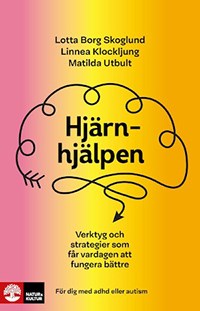 Bokomslag med rosa&ndash;gul gradient, titel "Hj&auml;rnhj&auml;lpen", linjetecknad hj&auml;rna och undertitel om verktyg f&ouml;r vardagen vid ADHD eller autism.