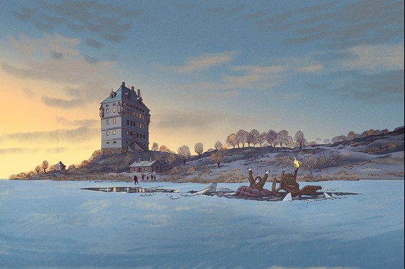 Illustration föreställande en kvinna och en släde som gått igenom isen och hamnat i en vak. I bakgrunden syns ett slott i kvällsljus, och långt bort på isen kommer människor springande.