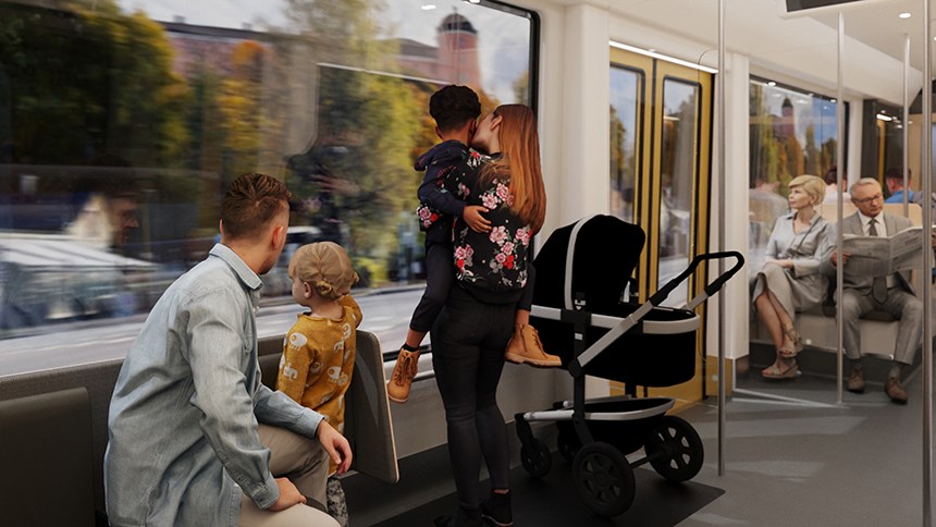 Visionsbild av resenärer på en spårvagn.
