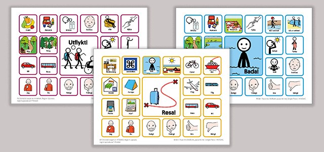 Tre samtalskartor med symbolbilder för respektive karta: Utflykt; Resa; Bada.