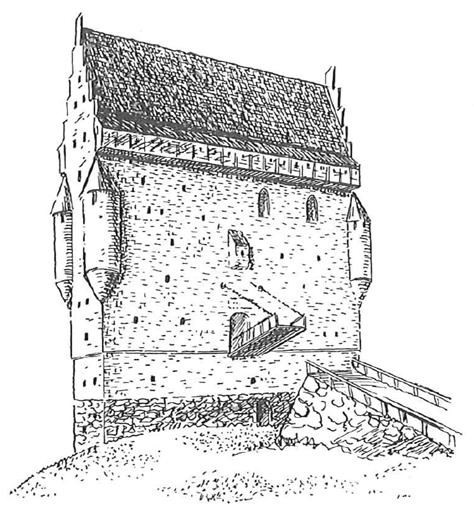 Teckning av en medeltidsborg med trappstensgavlar, vindbrygga och fyra hängtorn i hörnen.