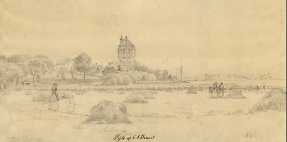 Blyertsteckning föreställande barn och kvinnor som arbetar mellan höstackar på en äng. I bakgrunden syns ett slott och träd.