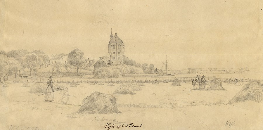 Teckning av kvinnor och barn som skördar hö på 1800-talet.jpg