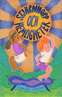 Illustration av tv&aring; unga personer som hoppar p&aring; en studsmatta under en sol med texten "Stj&auml;rnhopp och hemligheter".