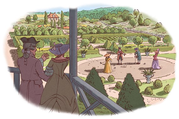 Tecknad bild som föreställer människor i 1800-talskläder som spelar ett krocketliknande spel på en rund grusad plan. I förgrunden syns ett par som står och tittar på, och i bakgrunden en vidsträckt trädgård.