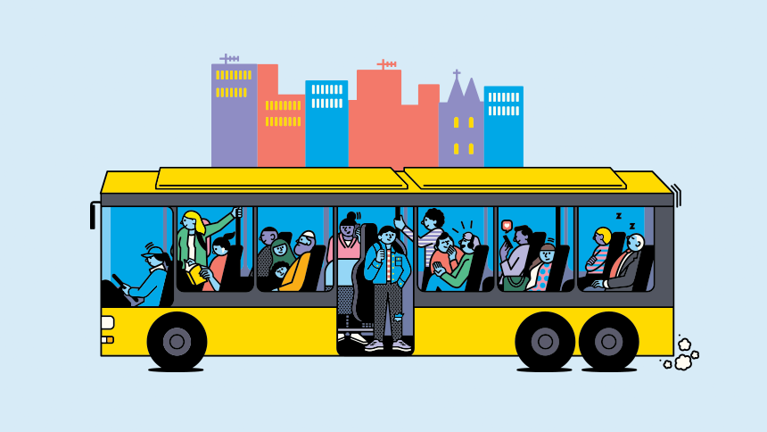 Illustration av gul buss med passagerare.