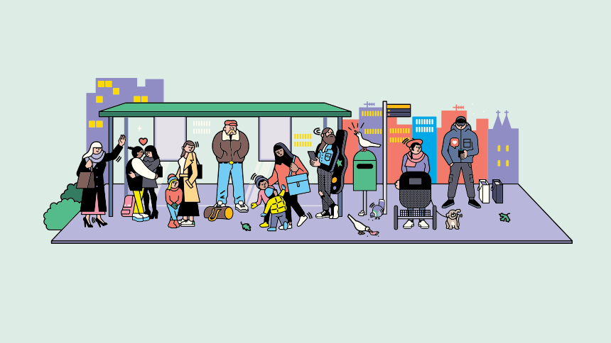 Illustration av busshållplats med väntande människor