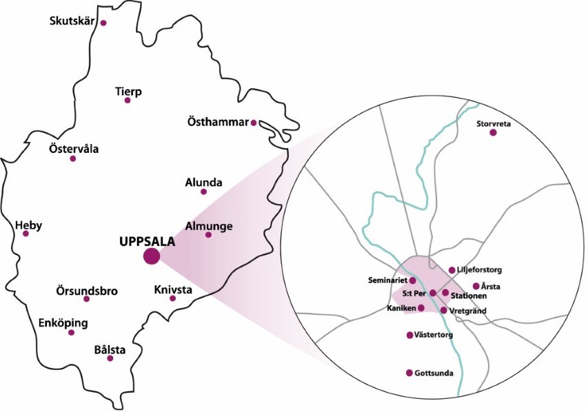 Karta över Uppsala län med alla orter där folktandvården finns.