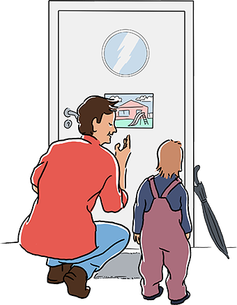 Illustration: Vuxen på huk tillsammans med barn i tamburen. De tittar tillsammans på en bild på insidan av ytterdörren. Bilden på dörren visar en lekplats.