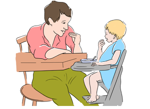 Illustration: Vuxen och barn vid matbordet, vända mot varandra. Båda tecknar med handen ordet "äta".