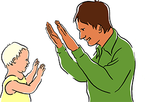 Illustration. Vuxen och barn klappar sina handflator mot varandra.