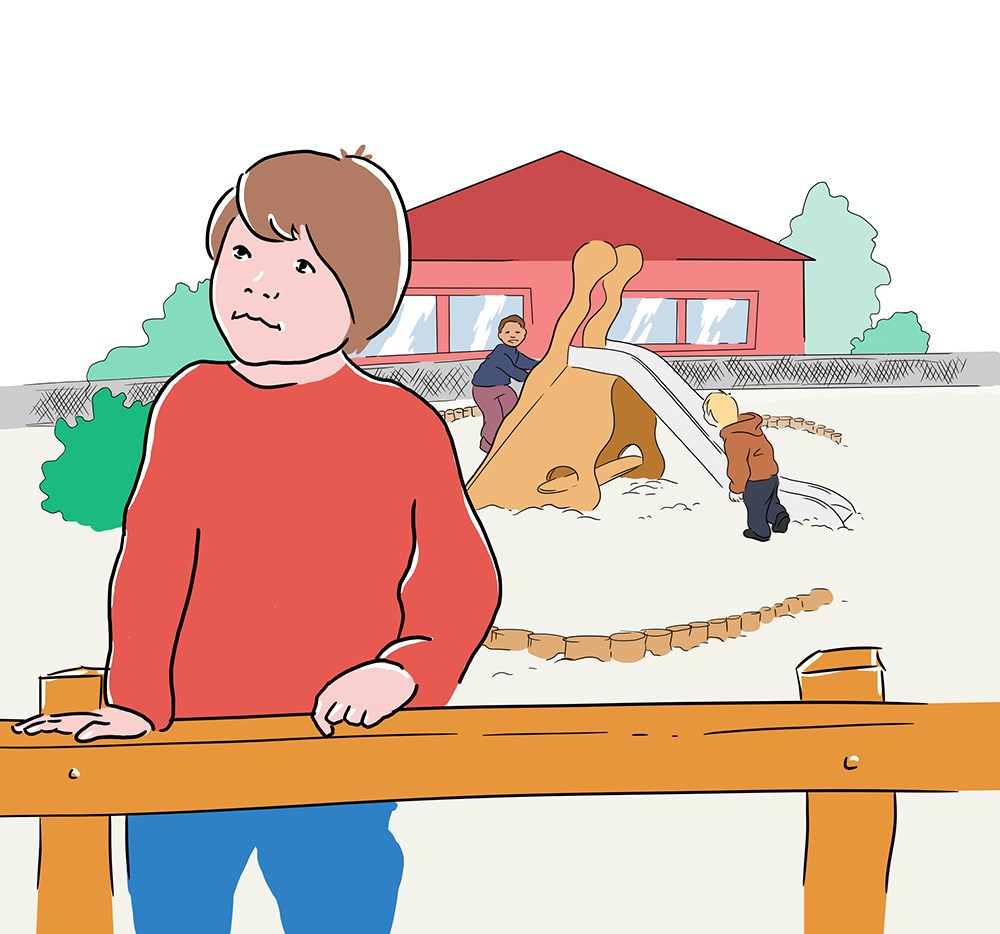 Illustration på barn vid en lekplats. Två barn leker vid en rutschkana och ett barn står ensamt vid ett staket.