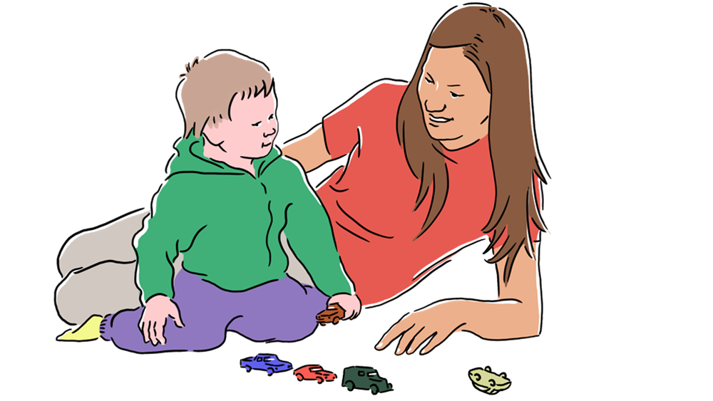 Illustration: Kvinna och barn på golvet leker med bilar tillsammans.