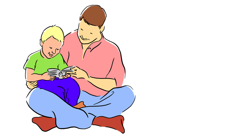 Illustration: Vuxen sitter på golvet med barn i knät. De tittar i bok tillsammans.