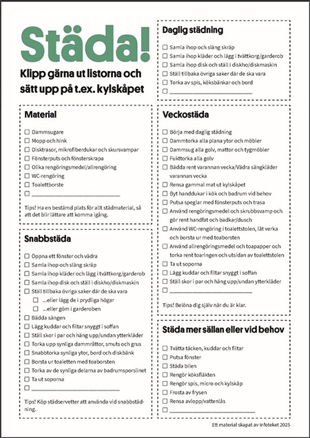 Checklista för olika moment vid städning.