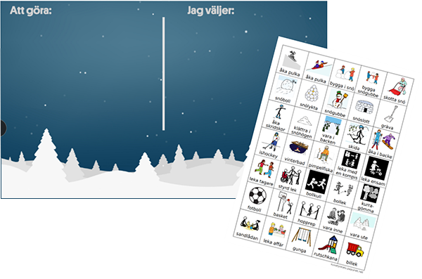 Väljameny i form av vinterbild uppdelat i två fält: Att göra och Jag väljer. Bildkarta mes symboler för olika vinteraktiviteter tänkta att klippa ut och använda på väljamenyn.