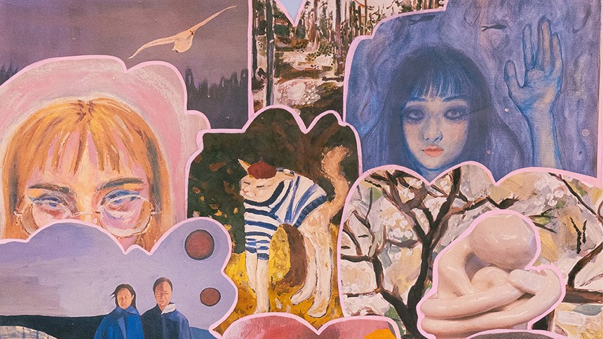 Målat kollage med bilder av människor, växter, stenar och moln