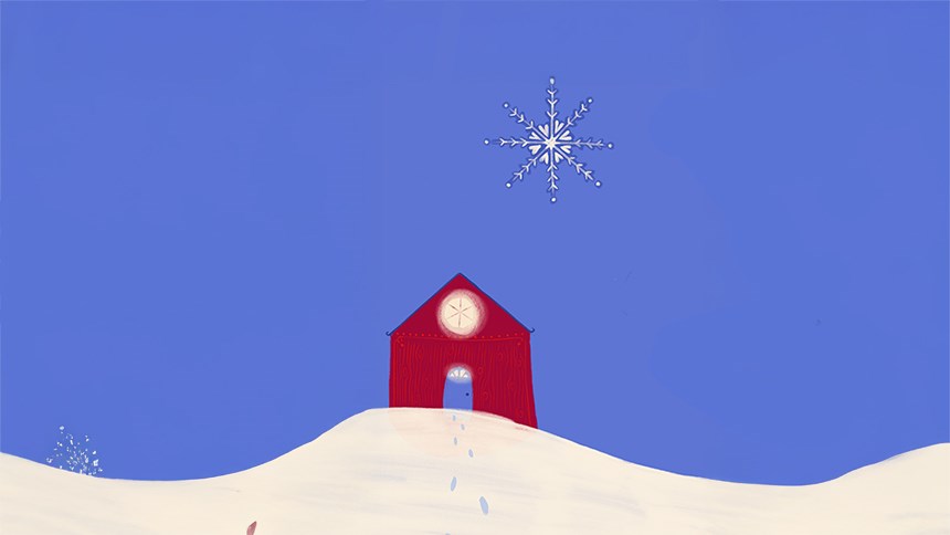 Målad bild av ett ett snölandskap med ett rött hus och en stjärna mot blå bakgrund