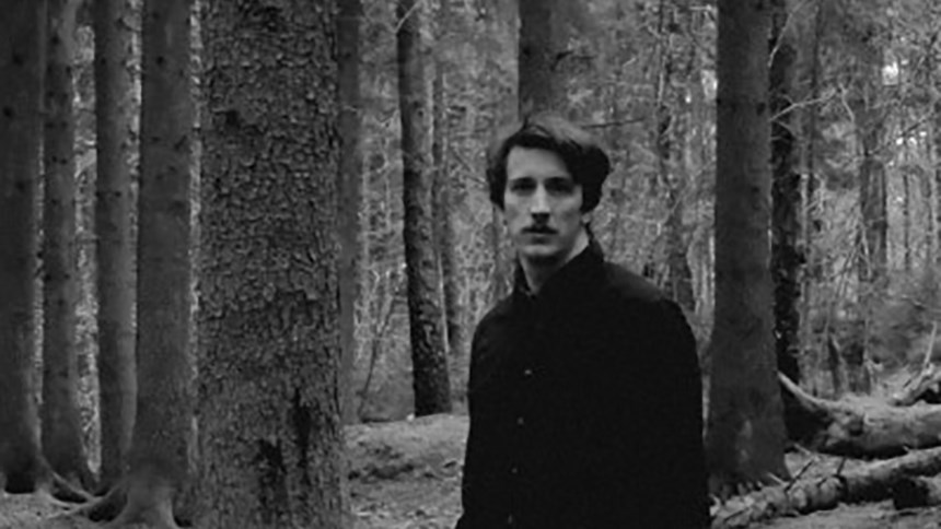 Vartvitt foto på en person som står i en skog