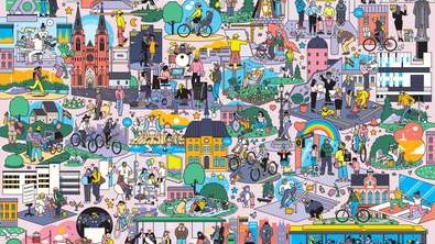 Stor tecknad illustration som fångar många delar av Region Uppsalas verksamheter och livet i Uppsala län.