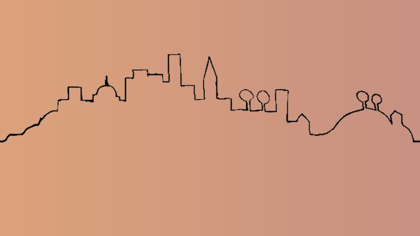 Skiss av svart stadssiluett mot orange bakgrund