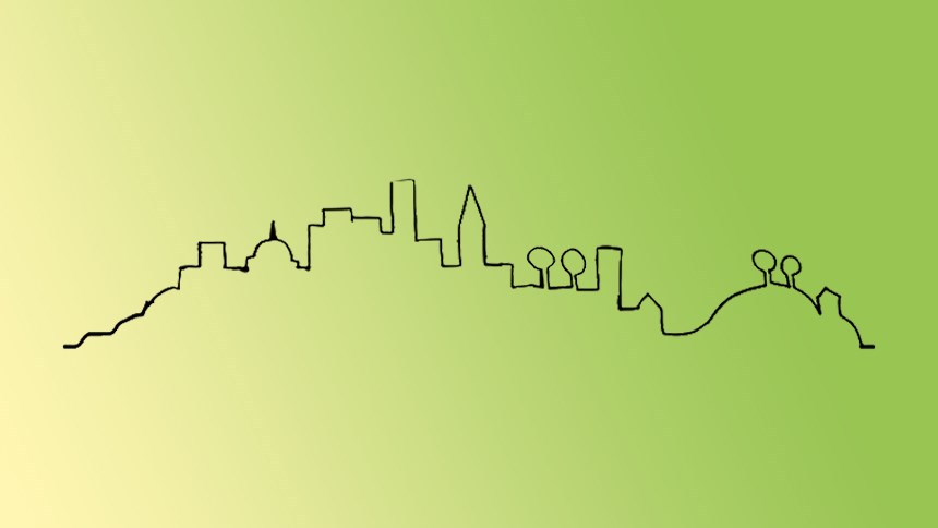 Illustration av stadssiluett mot grön bakgrund