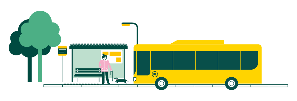 Exempel på illiustrationsmaner som visar ett träd, en busskur och en buss