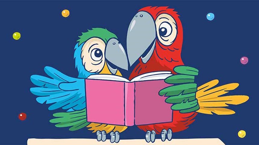 Tecknad illustration av två papegojor som läser en bok.