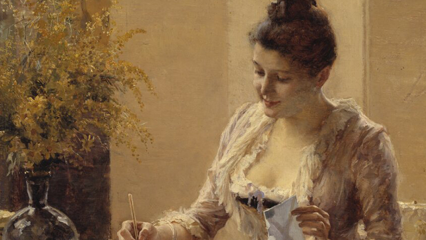 Målning av en kvinna som skriver ett brev