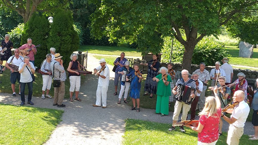 En grupp spelmän och spelkvinnor med instrument spelar utomhus på sommaren.