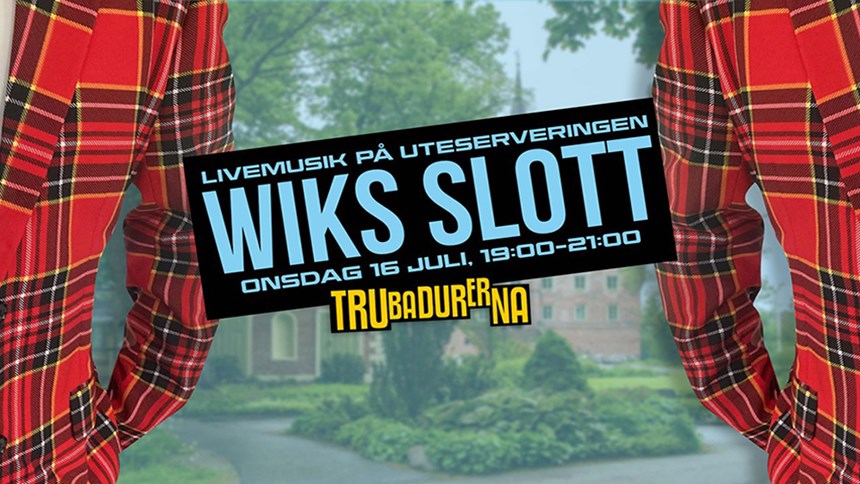 Del av två personer med rutiga skjortor och text om livemusik på Wiks slott.