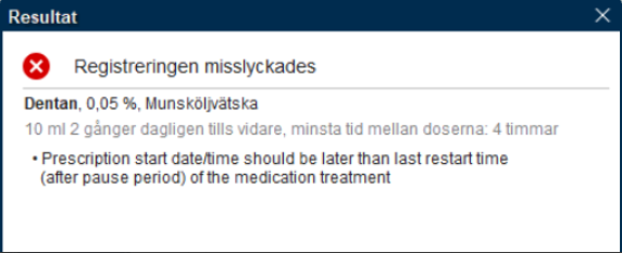 Bilden visar ett felmeddelande, att registreringen misslyckats.